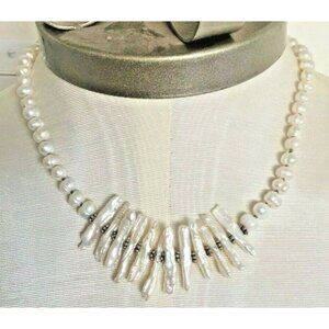 White Pearl Necklace with Stick Pearls Sterling Spacers Clasp